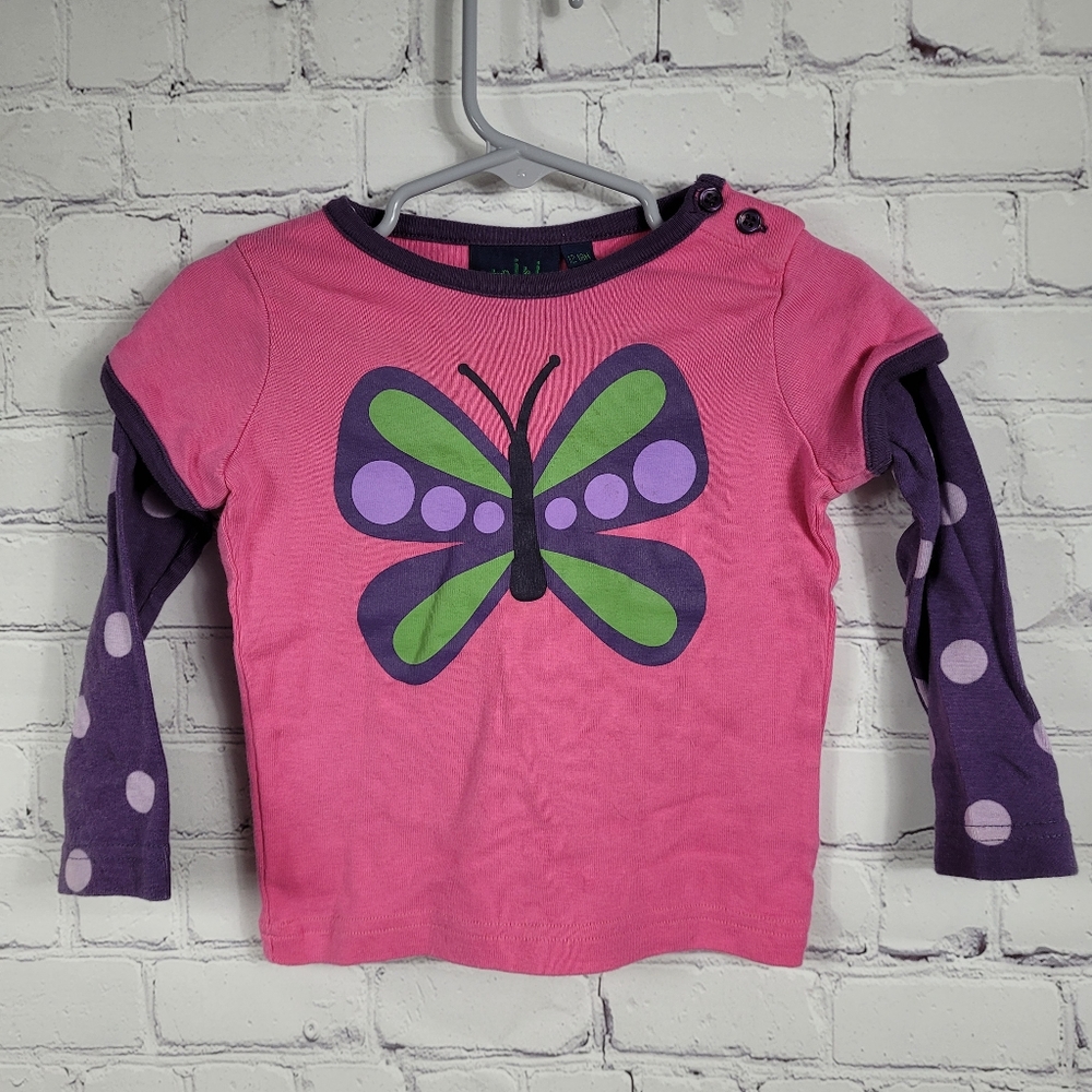 Mini Boden Polka Dot Pink Purple Butterfly Long Sleeve Jersey Kids T-Shirt